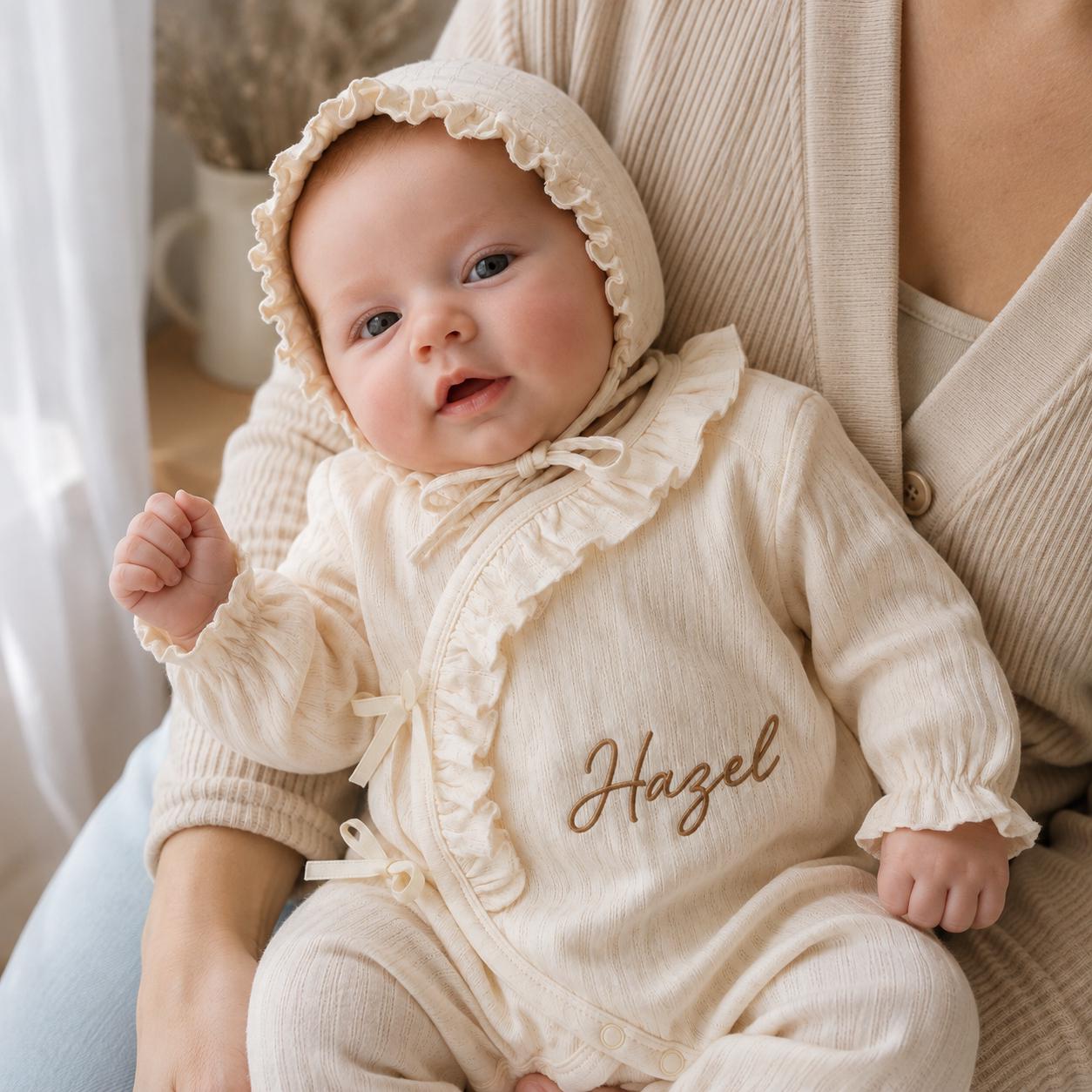 Personalized Embroidery Newborn Cotton Ruffle Wrap Baby Romper & Bonnet Set | CWBaby531