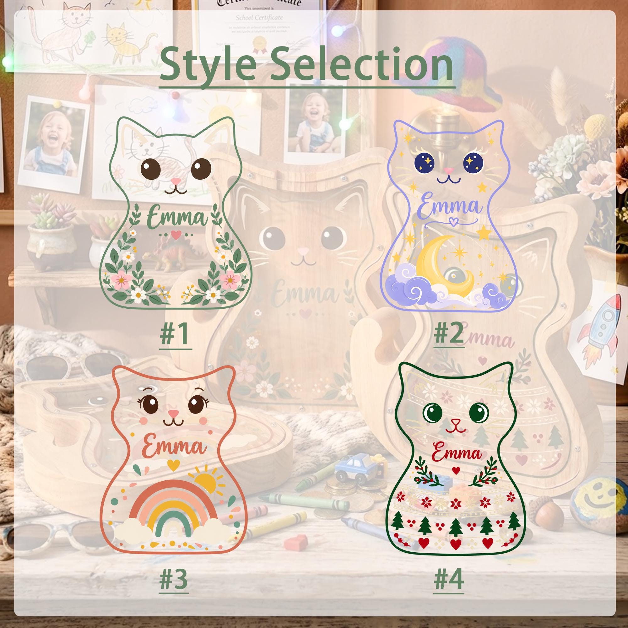 Personalized Wooden Cute Kitty Piggy Bank for Kids | MCGift432
