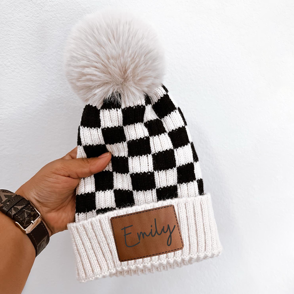 Personalized Leather Patch Pom Pom Beanie for Comfort & Unique | HSKid36