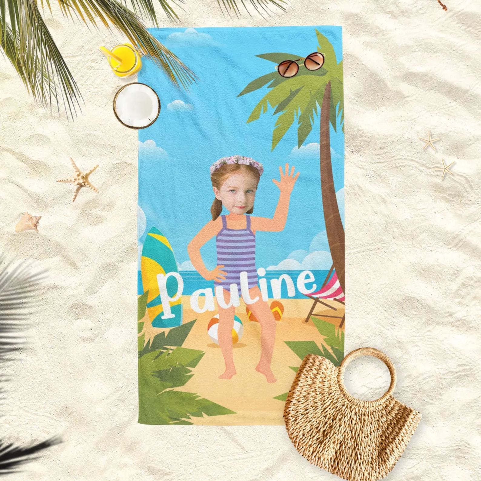 Personalized Lovely Face Name Kid Towel for Summer & Beach | CWTowel117