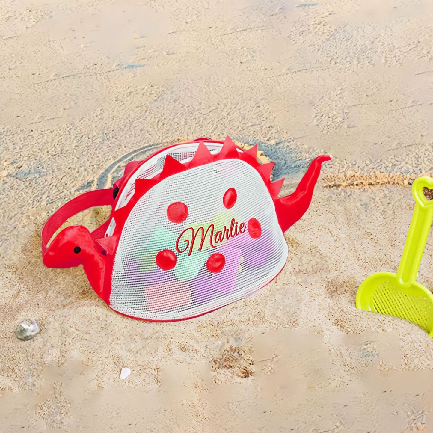 Personalized Embroidery Dinosaur Seashell Zipper Mesh Beach Bag | CWBeach102