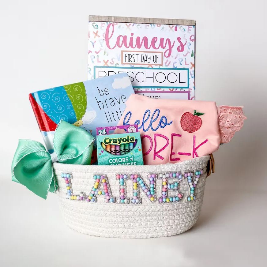 Personalized Kids Beaded Patch Back to School Basket | CWBaby73