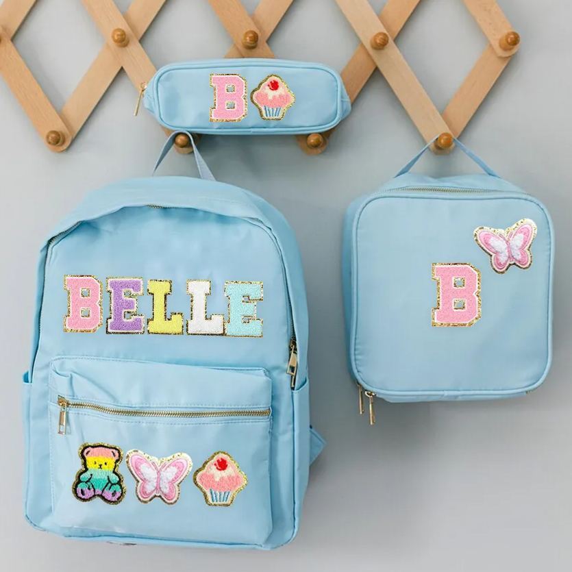 Personalized Lovely Chenille Letters Patch Kids School Backpack Set