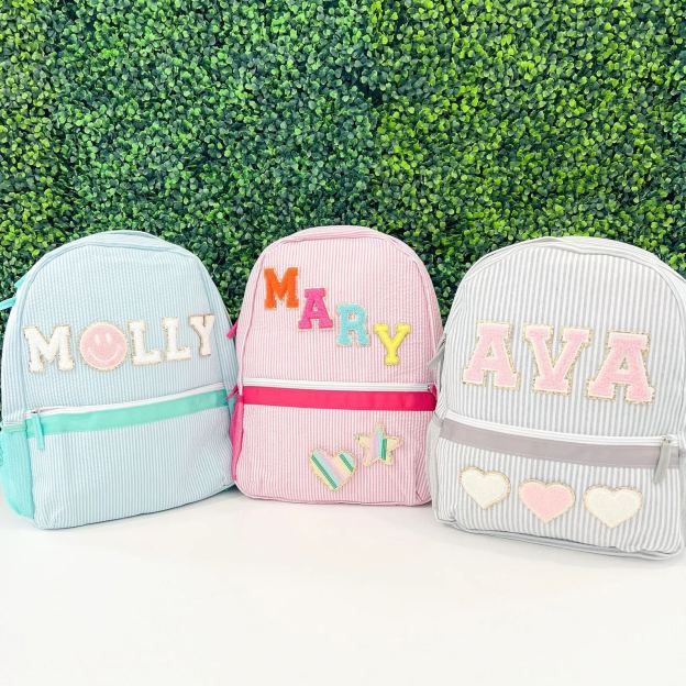 Personalized Chenille Patch Kids Seersucker Backpack & Lunch Bag