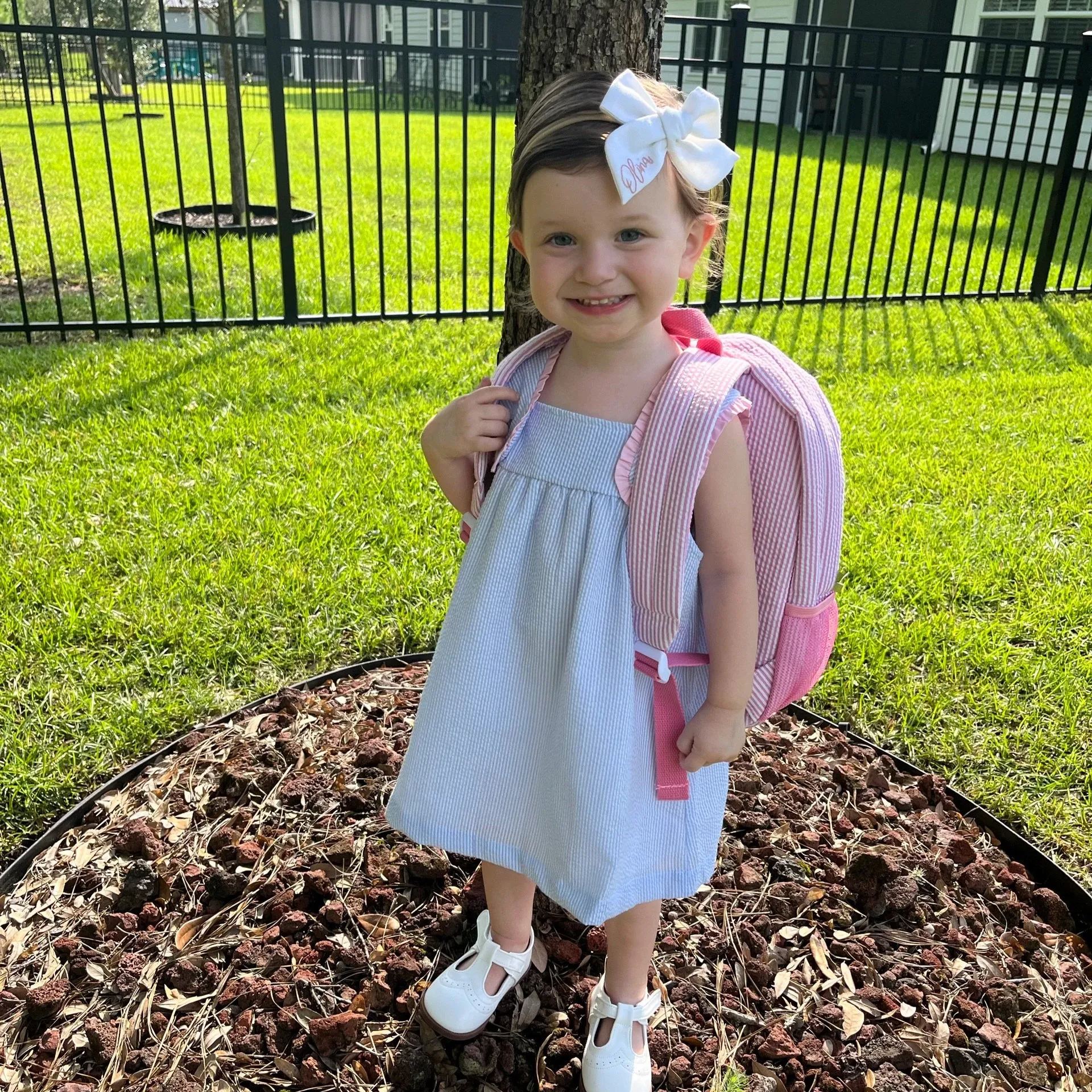 Personalized Chenille Patch Kids Seersucker School Backpack Set