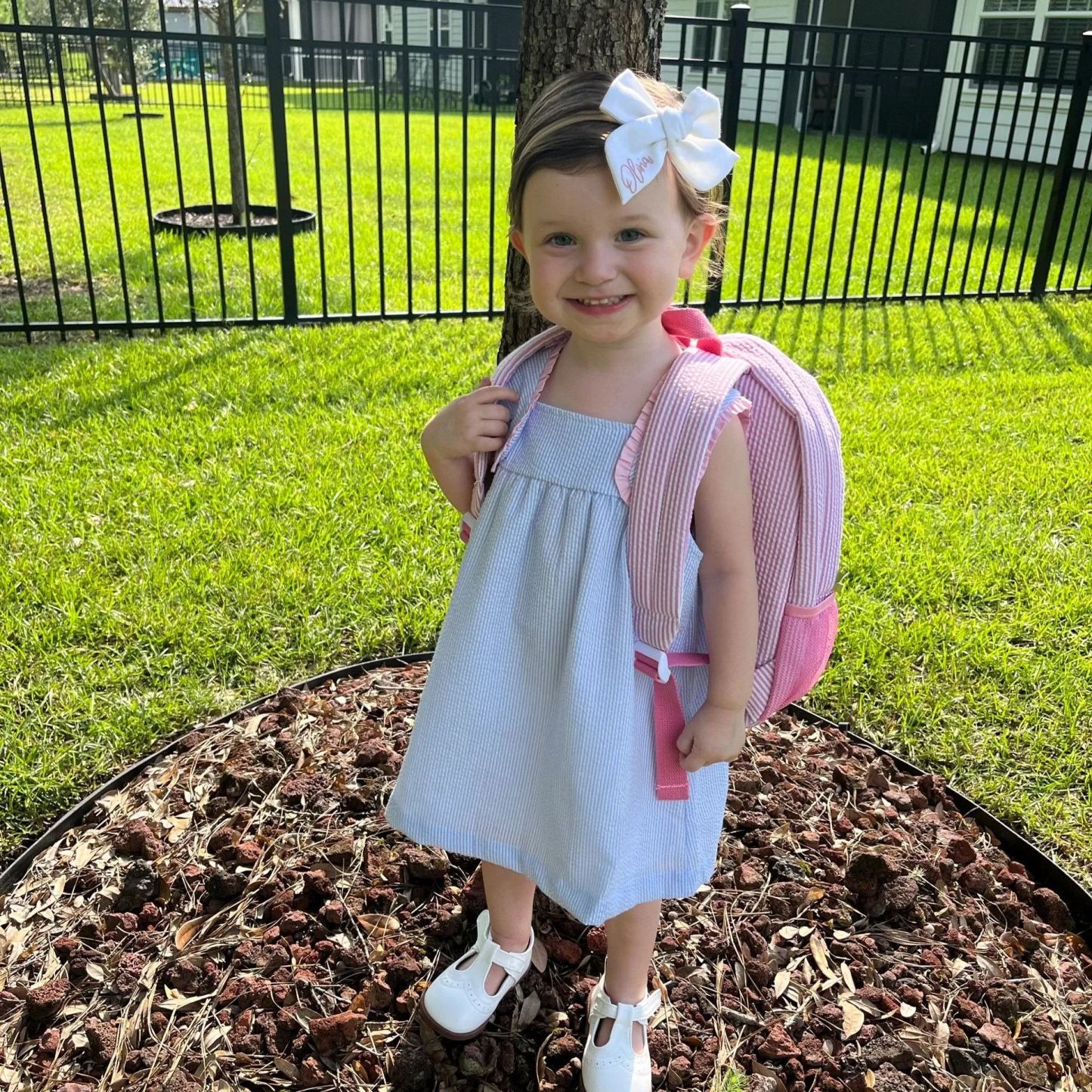 Personalized Chenille Patch Kids Seersucker School Backpack Set