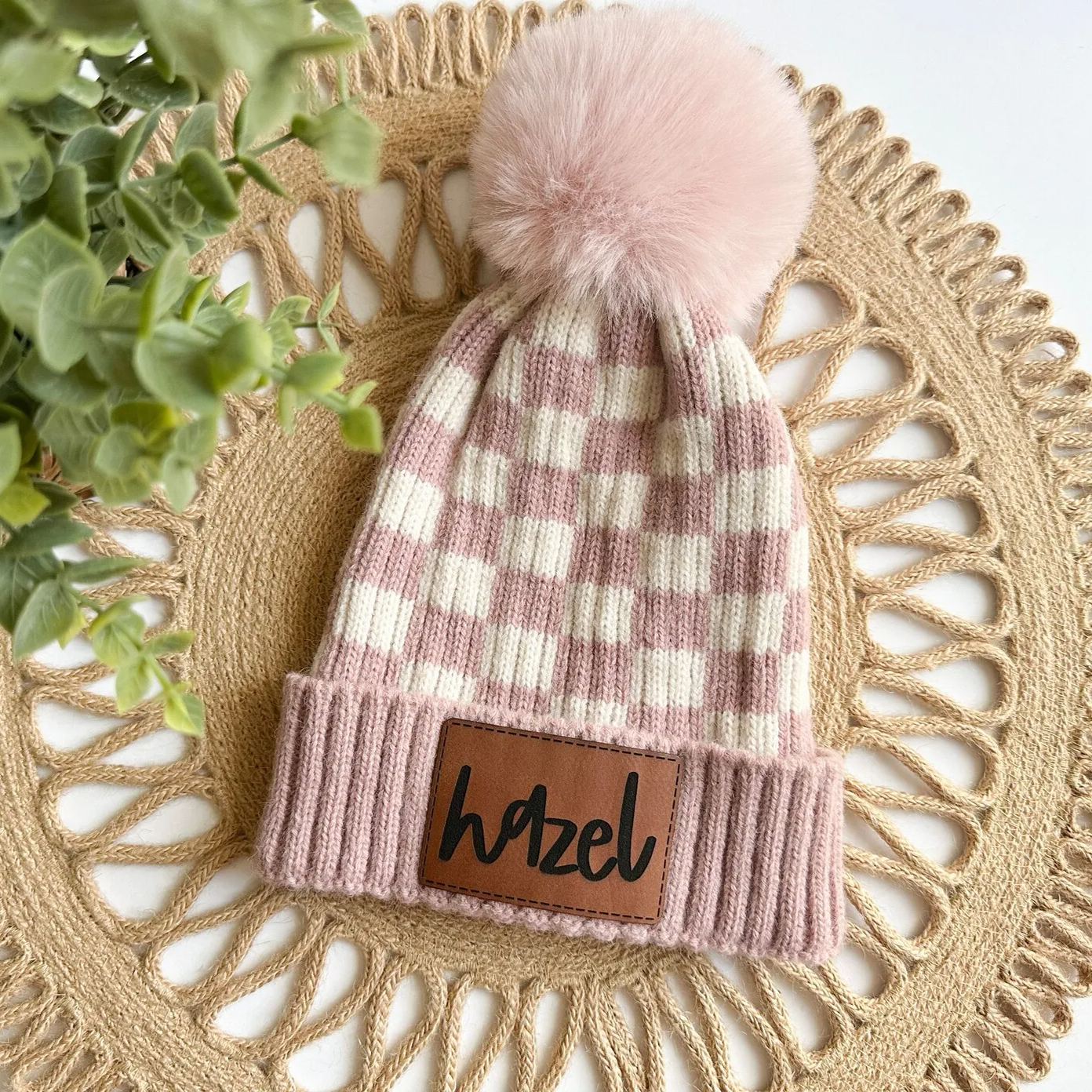 Personalized Leather Patch Pom Pom Beanie for Comfort & Unique | HSKid36