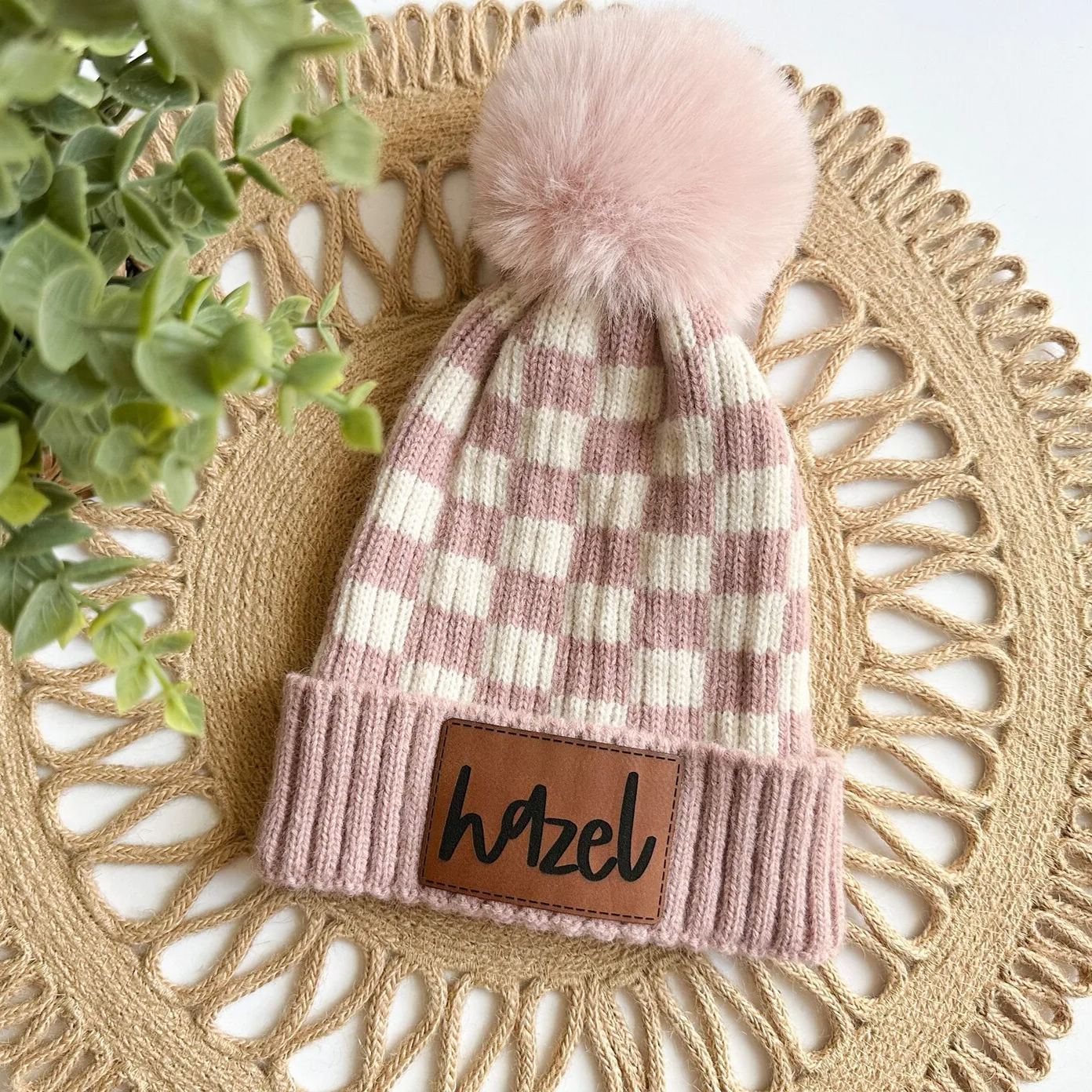 Personalized Leather Patch Pom Pom Beanie for Comfort & Unique | HSKid36