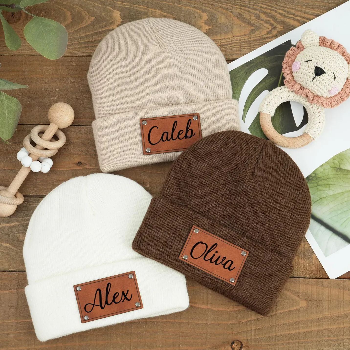 Personalized Leather Patch Kid & Adult Color Beanies for Comfort & Unique | HSKid23