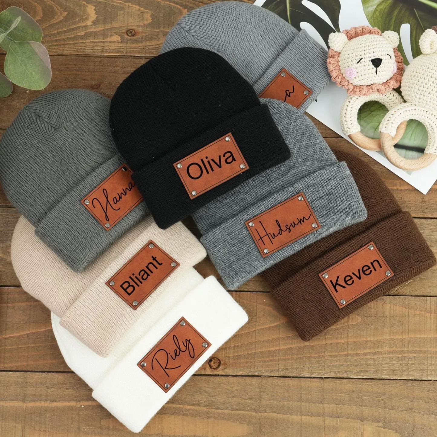 Personalized Leather Patch Kid & Adult Color Beanies for Comfort & Unique | HSKid23