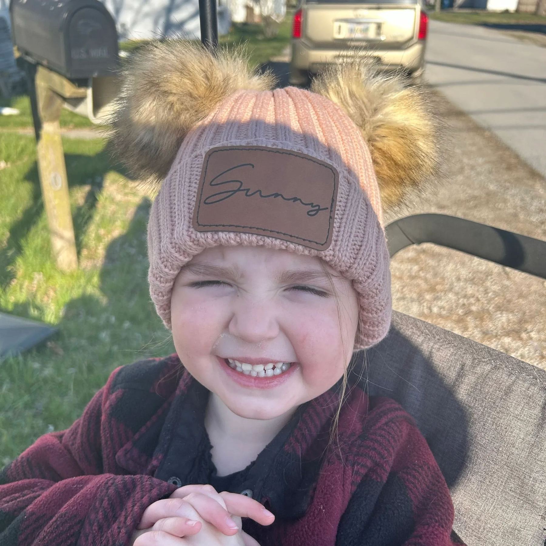 Personalized Leather Patch Pom Pom Hat for Comfort & Unique | HSKid26
