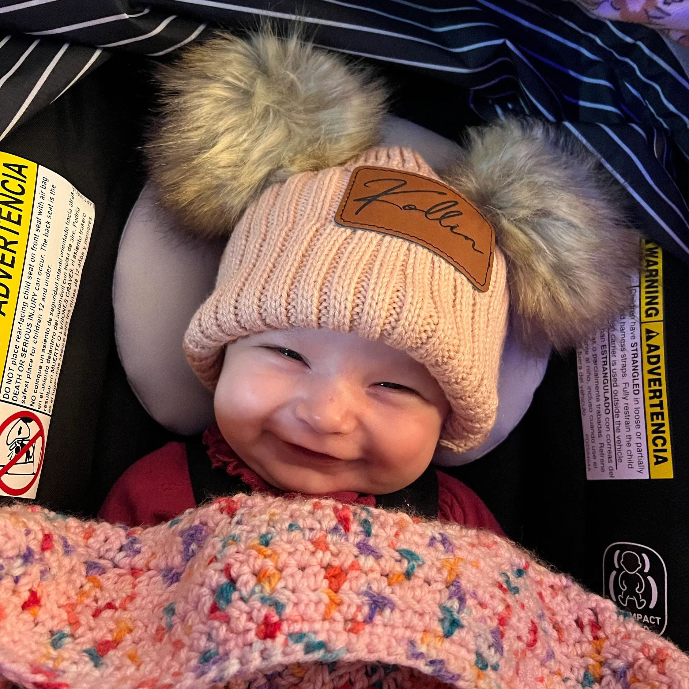 Personalized Leather Patch Pom Pom Hat for Comfort & Unique | HSKid26