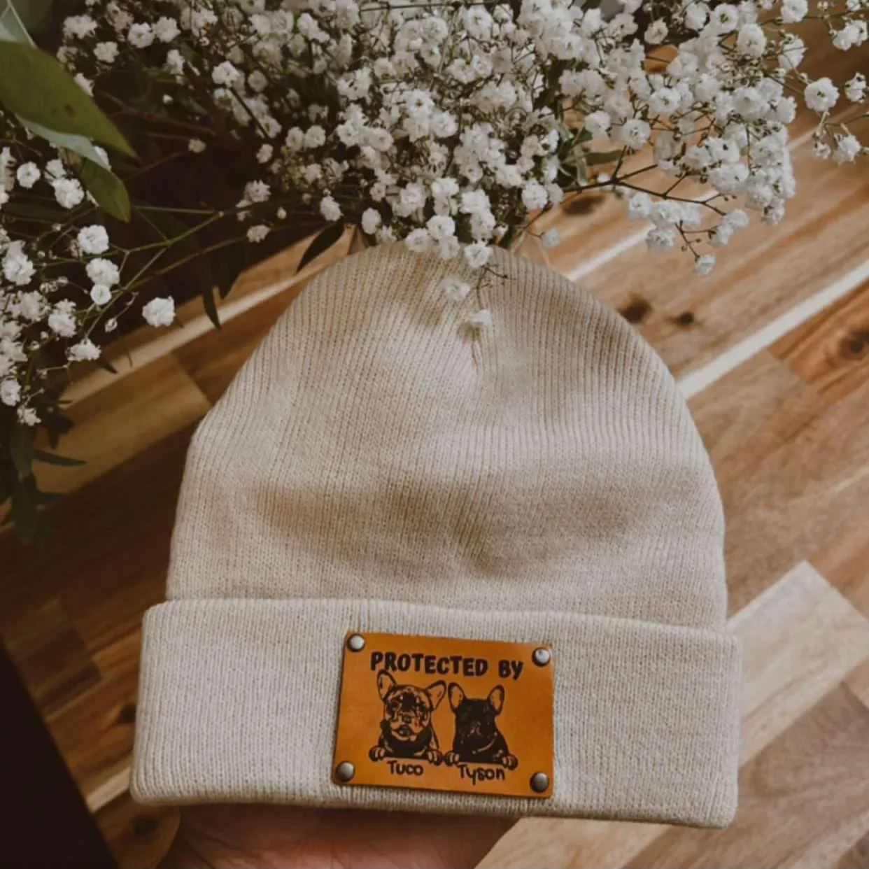 Personalized Vegan Leather Patch Baby Puppy Beanie | HSKid39