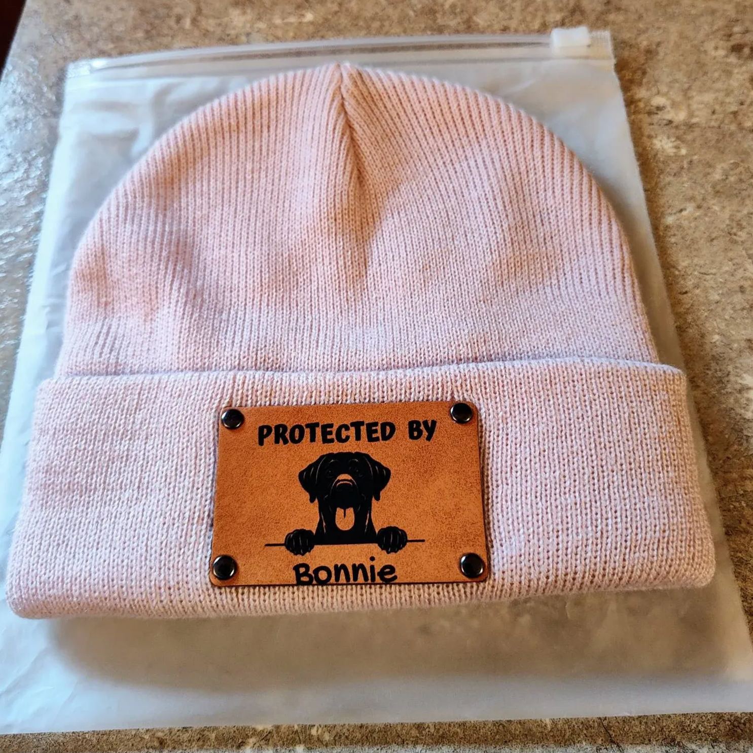 Personalized Vegan Leather Patch Baby Puppy Beanie | HSKid39