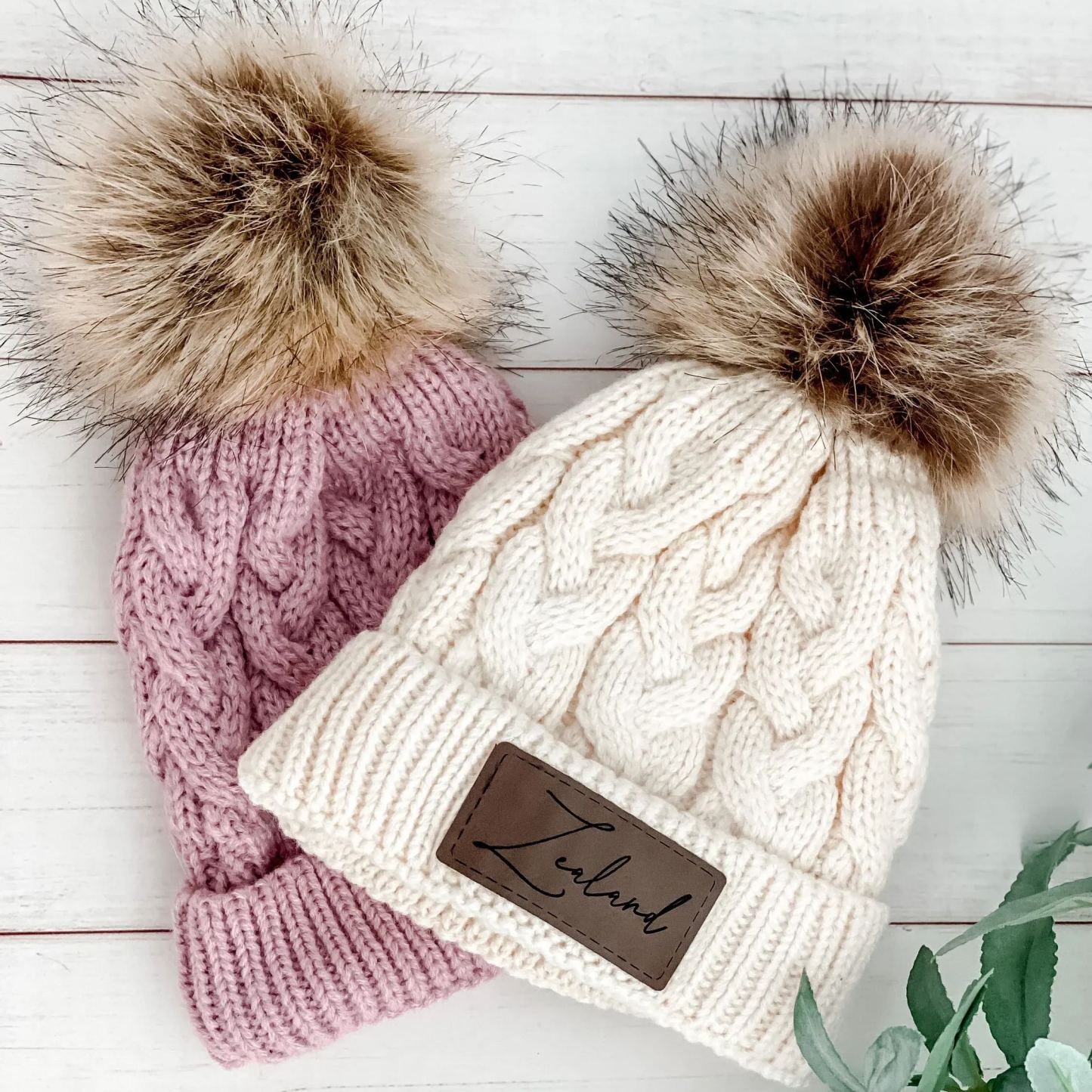 Personalized Faux Leather Patch  Pom Pom Beanie| HSKid40