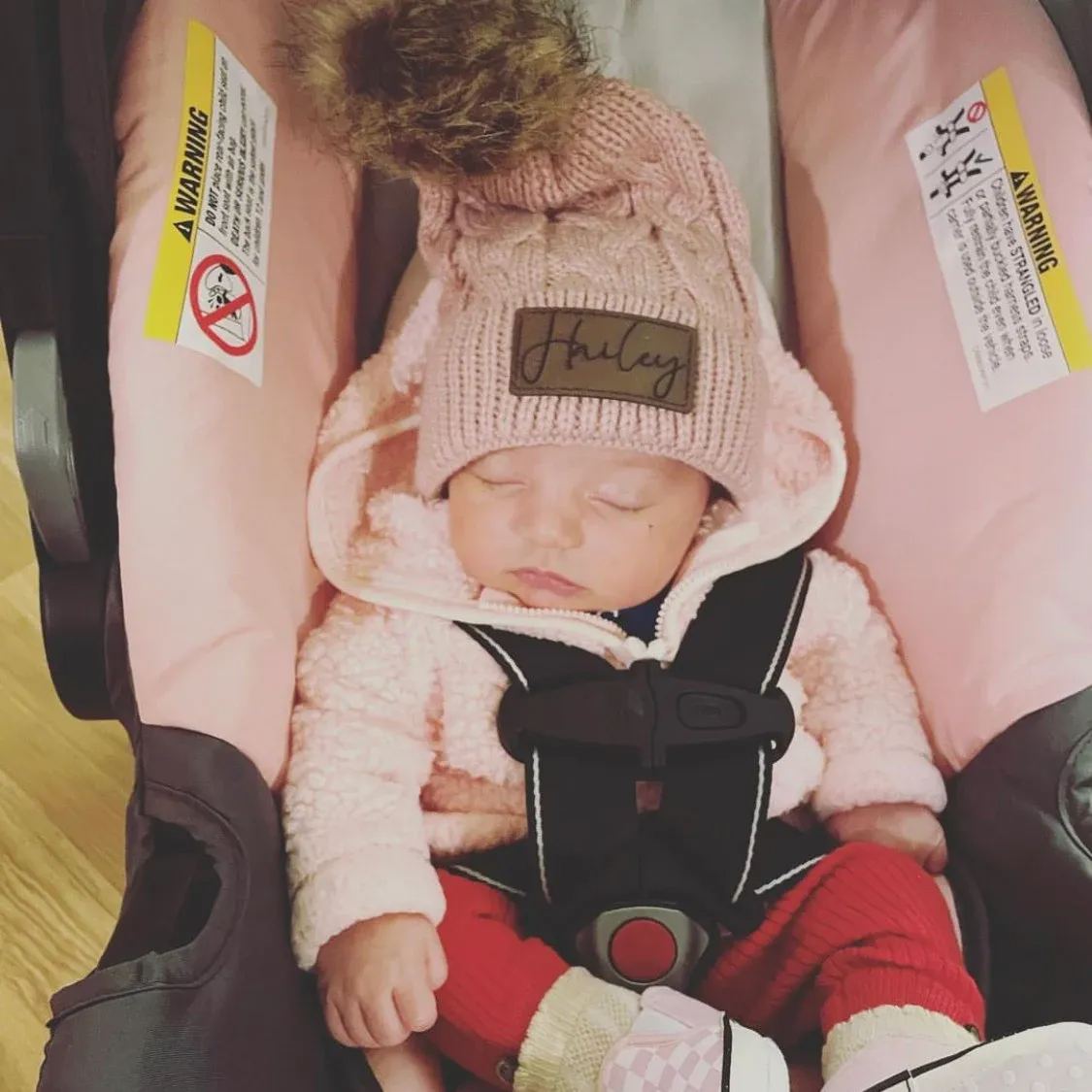 Personalized Faux Leather Patch  Pom Pom Beanie| HSKid40