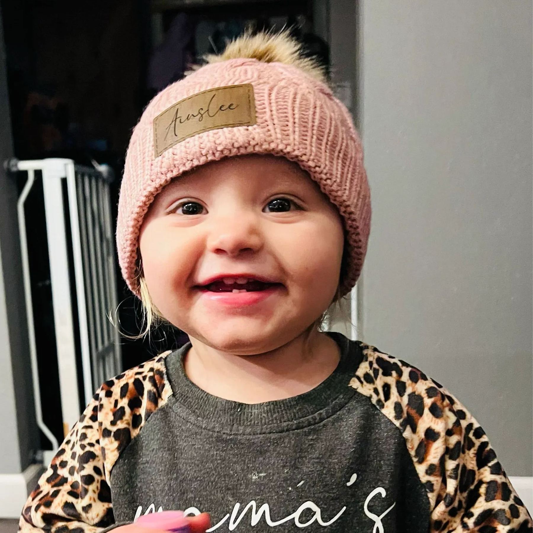 Personalized Faux Leather Patch  Pom Pom Beanie| HSKid40