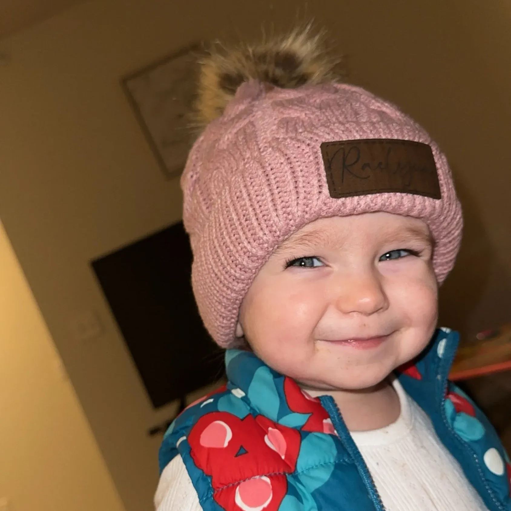 Personalized Faux Leather Patch  Pom Pom Beanie| HSKid40