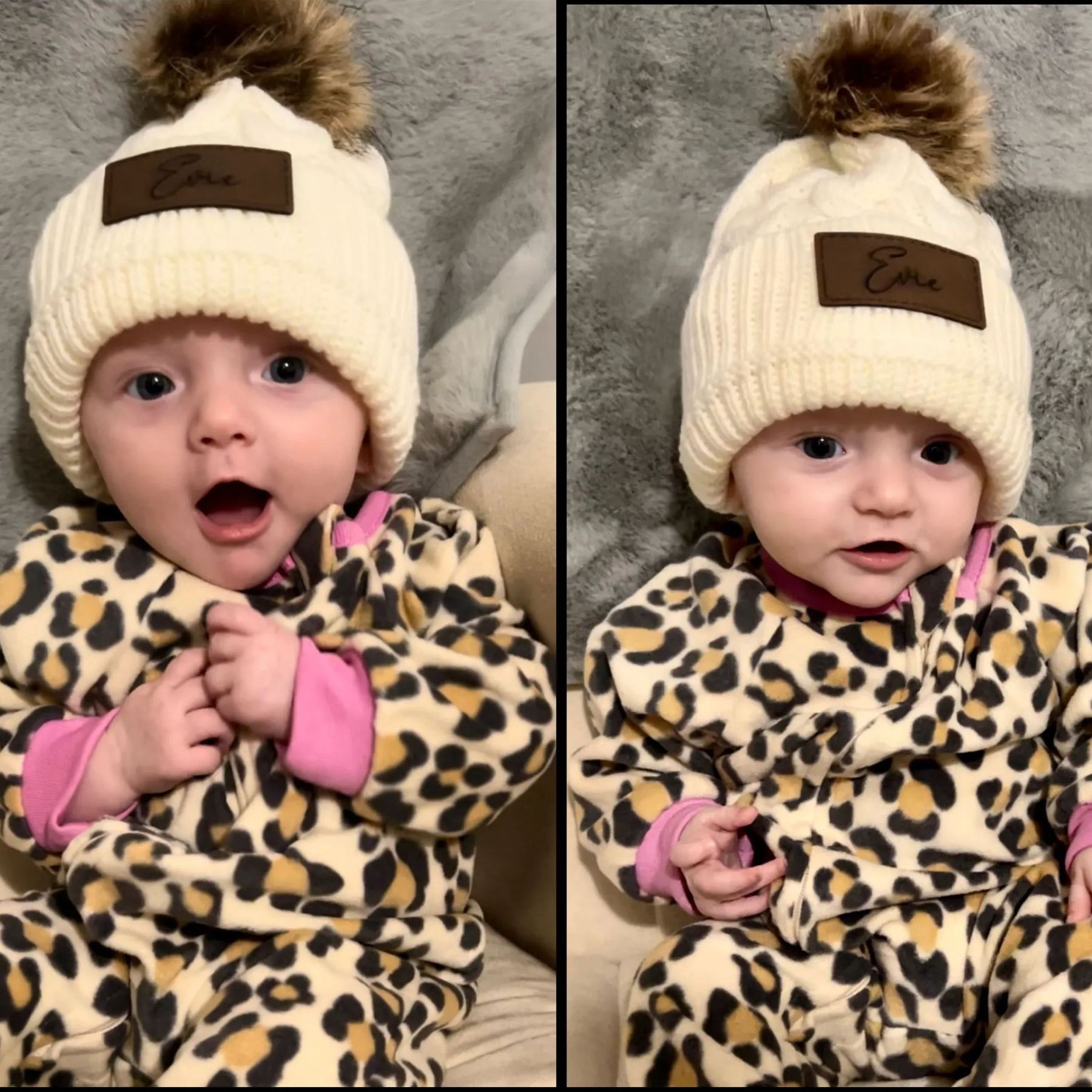 Personalized Faux Leather Patch  Pom Pom Beanie| HSKid40