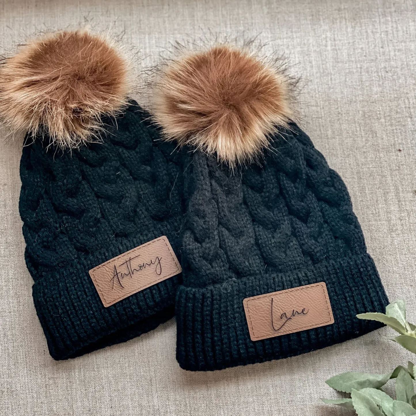 Personalized Faux Leather Patch  Pom Pom Beanie| HSKid40