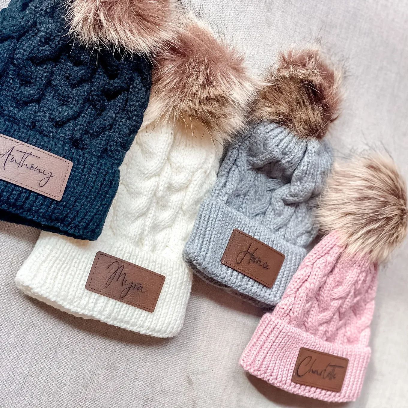 Personalized Faux Leather Patch  Pom Pom Beanie| HSKid40