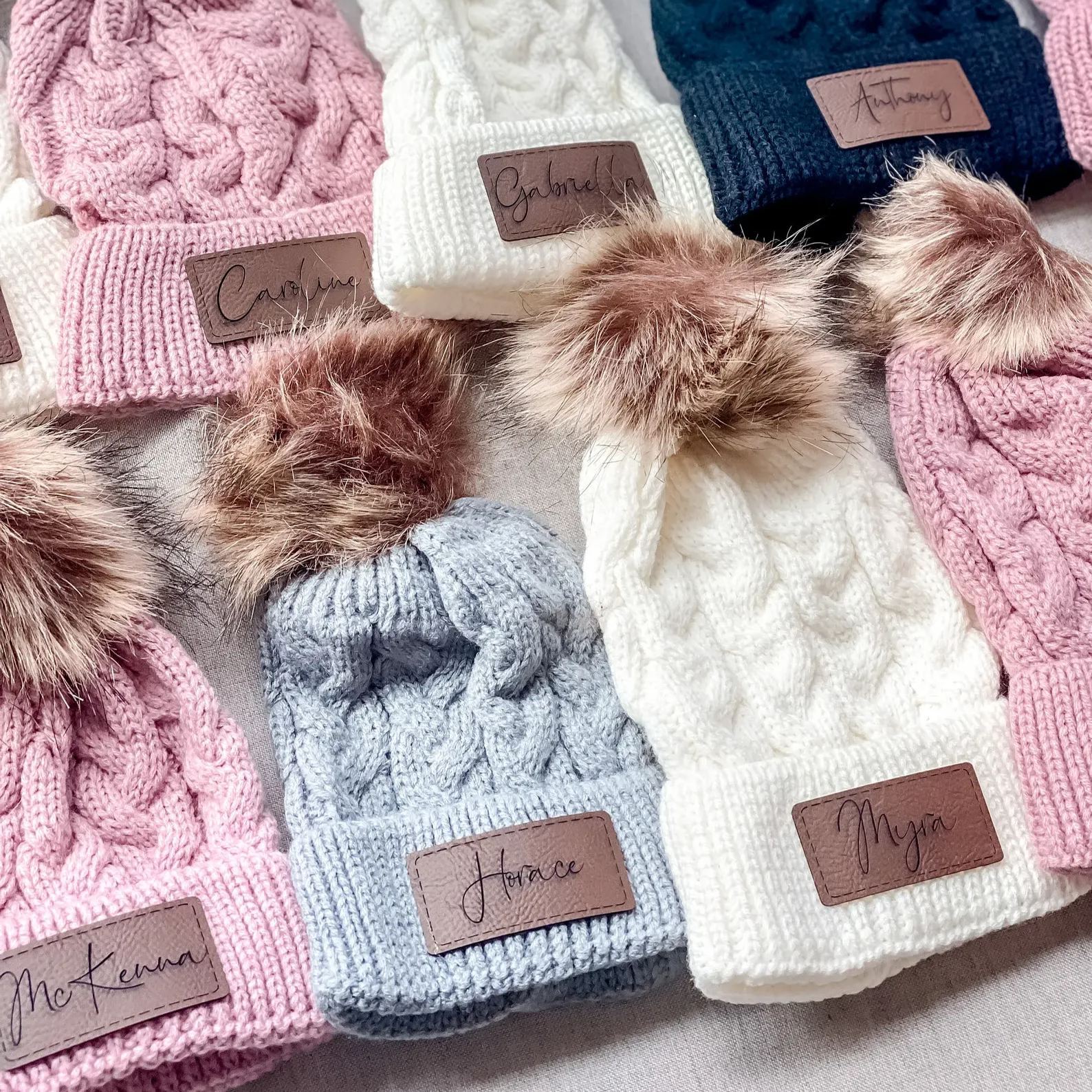 Personalized Faux Leather Patch  Pom Pom Beanie| HSKid40