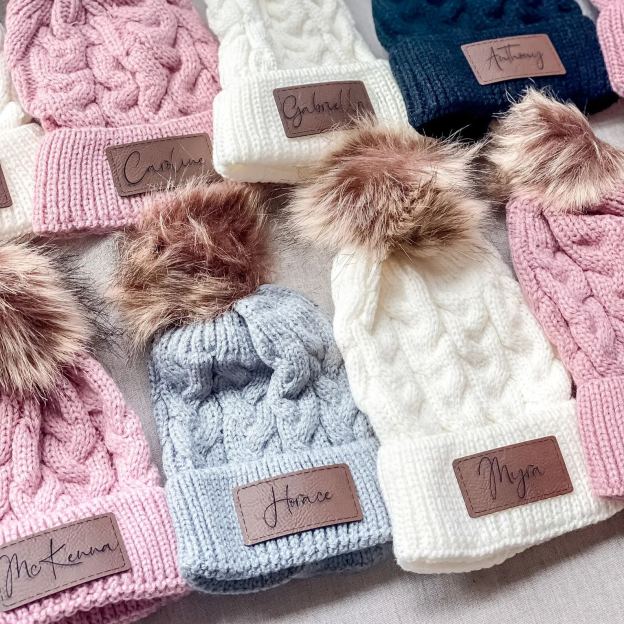 Personalized Faux Leather Patch  Pom Pom Beanie| HSKid40
