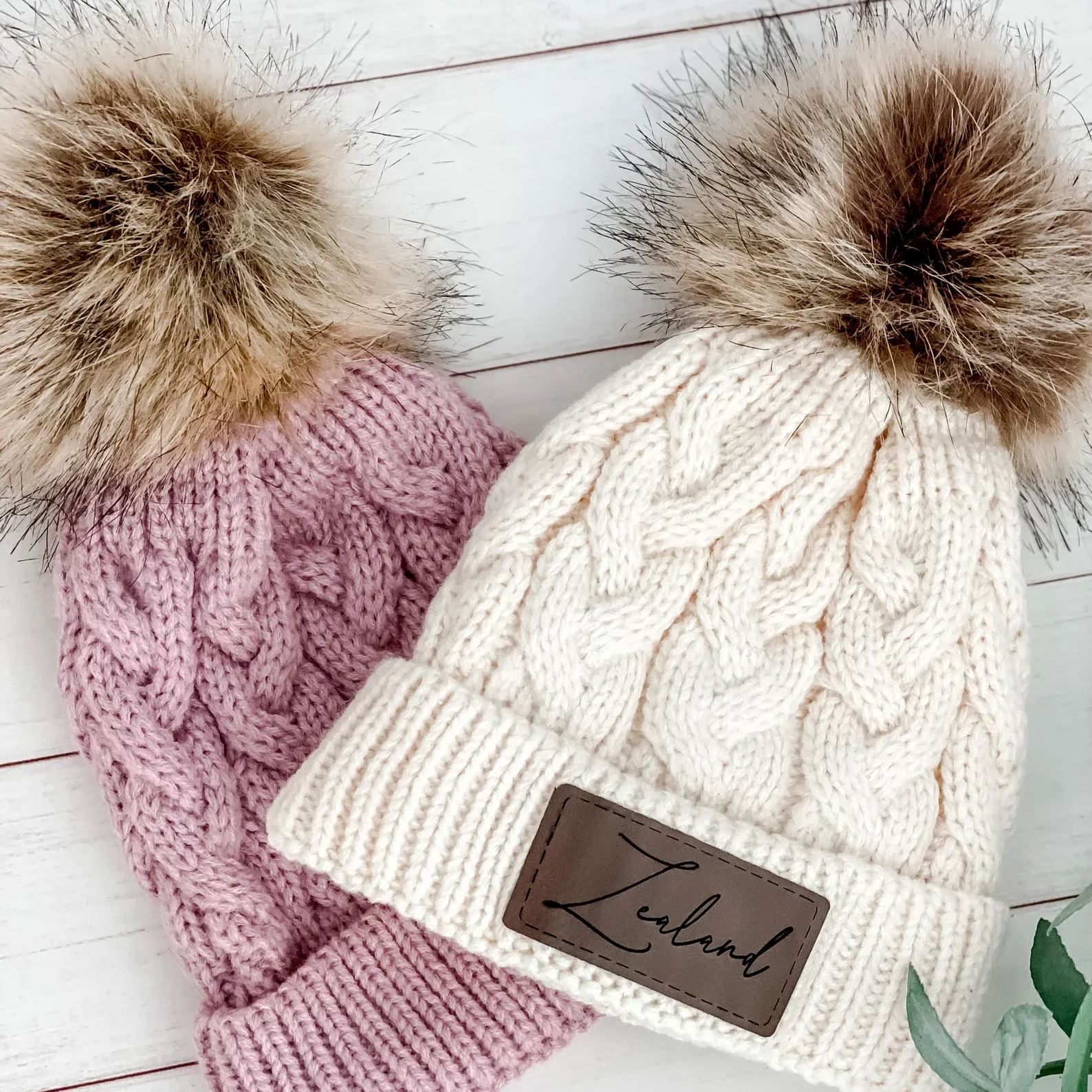 Personalized Faux Leather Patch  Pom Pom Beanie| HSKid40