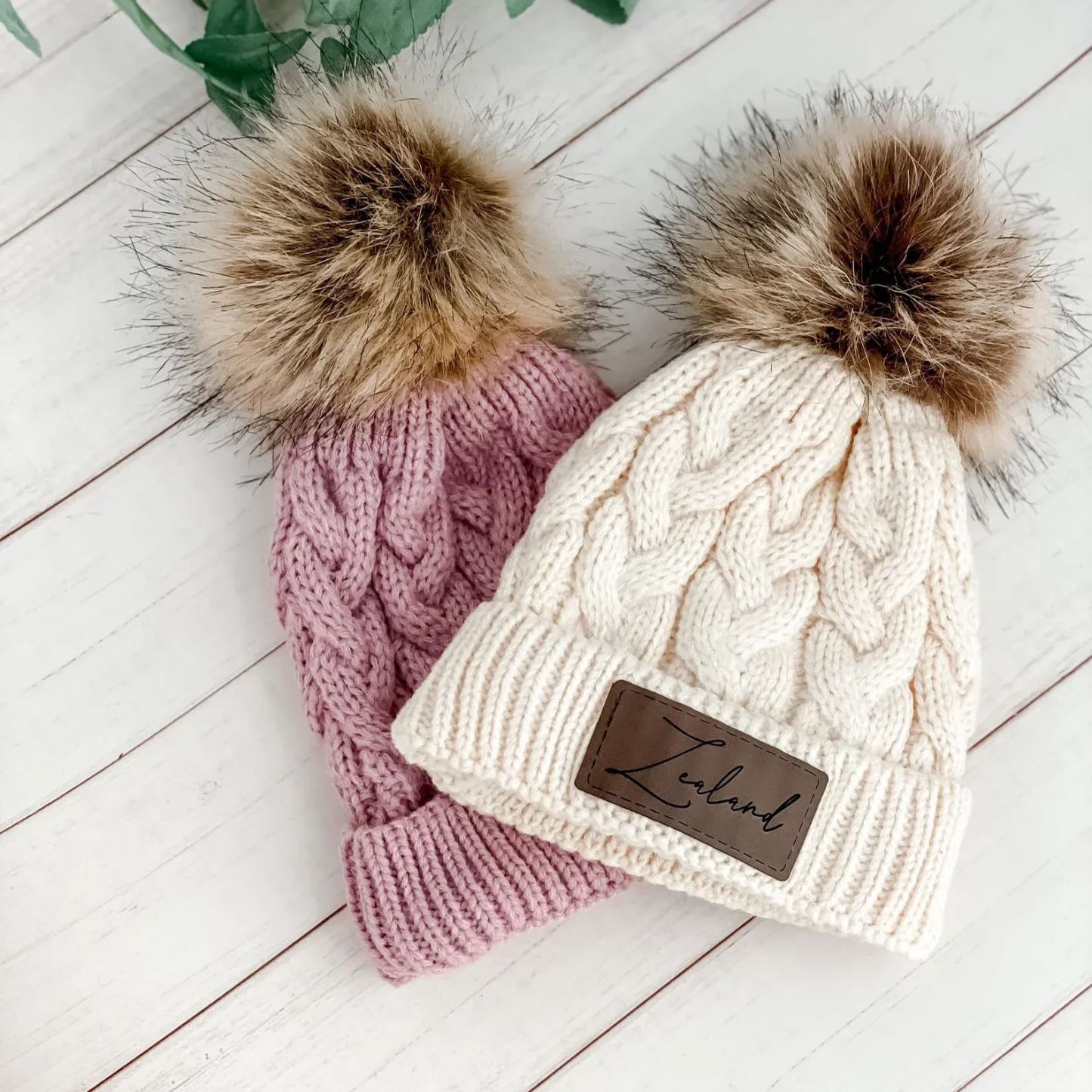 Personalized Faux Leather Patch  Pom Pom Beanie| HSKid40