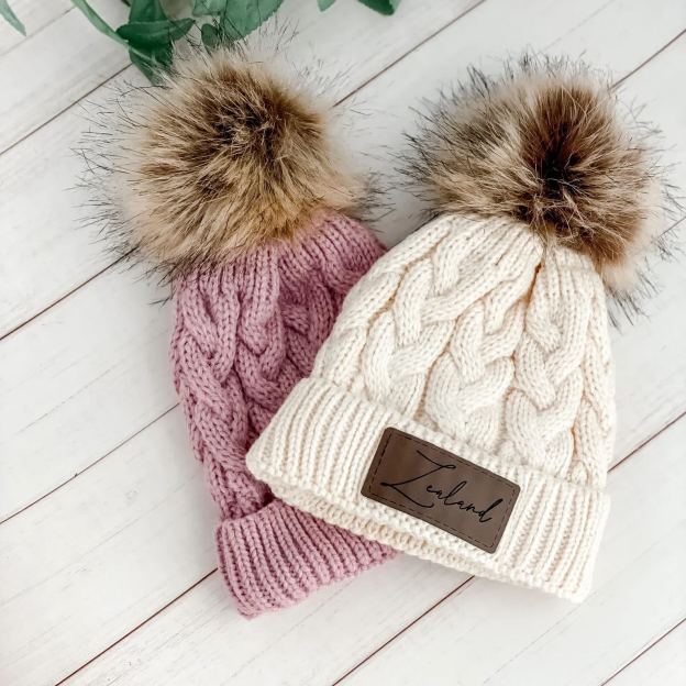 Personalized Faux Leather Patch  Pom Pom Beanie| HSKid40