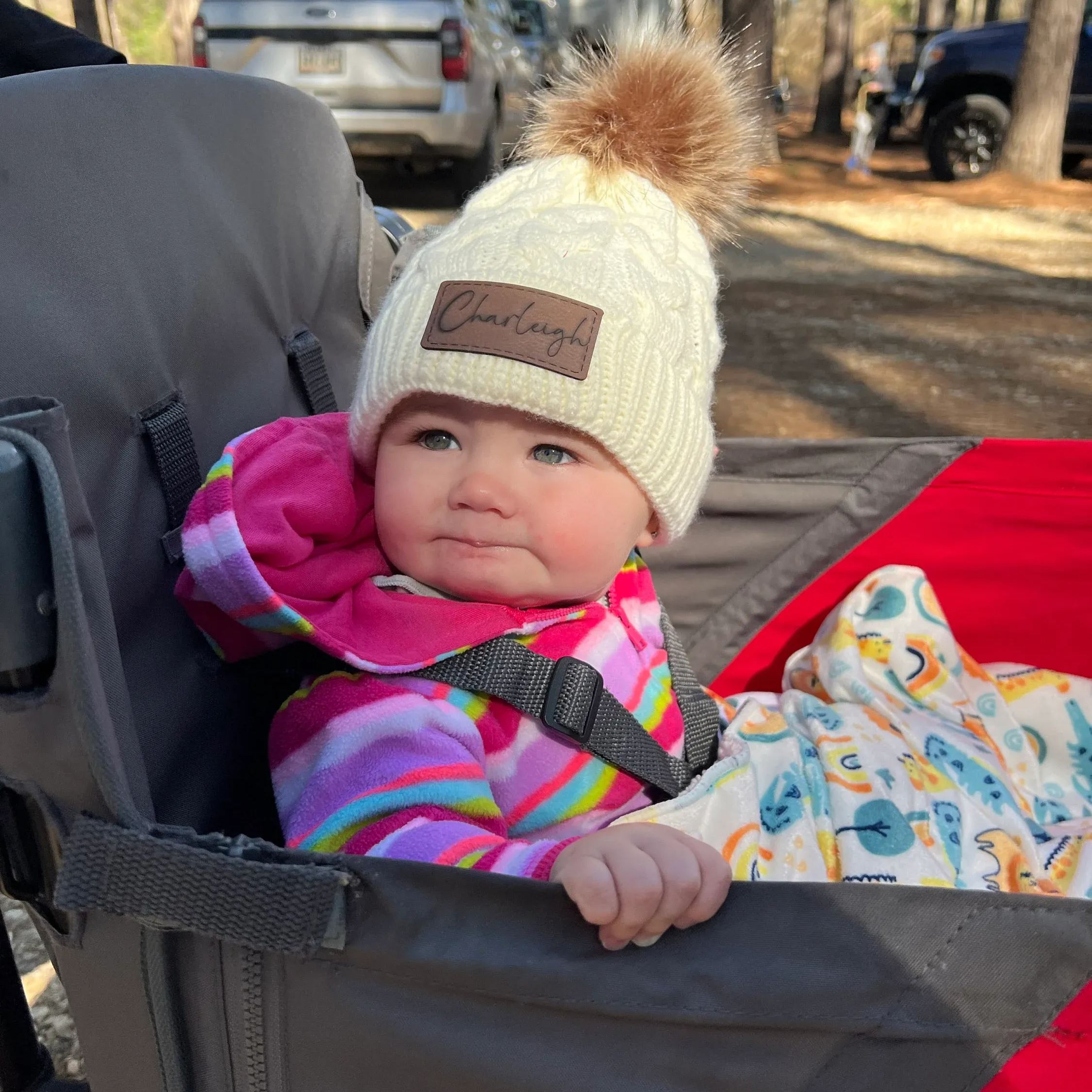 Personalized Faux Leather Patch  Pom Pom Beanie| HSKid40