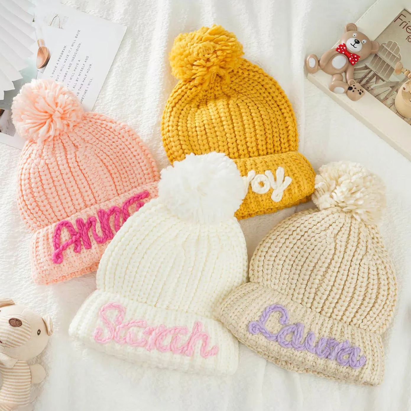 Personalized Hand Embroidery Pom Pom Beanie| HSKid40