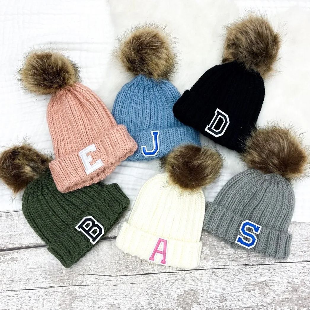 Personalized Initial Patch Pom Pom Beanie Hat | HSKid45