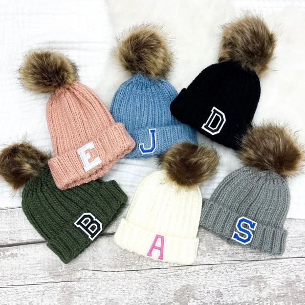 Personalized Initial Patch Pom Pom Beanie Hat | HSKid45