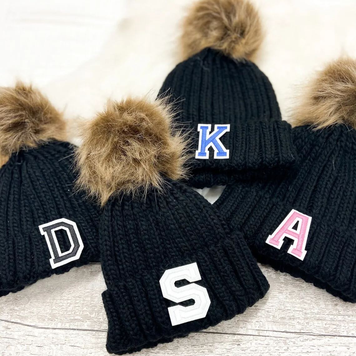 Personalized Initial Patch Pom Pom Beanie Hat | HSKid45