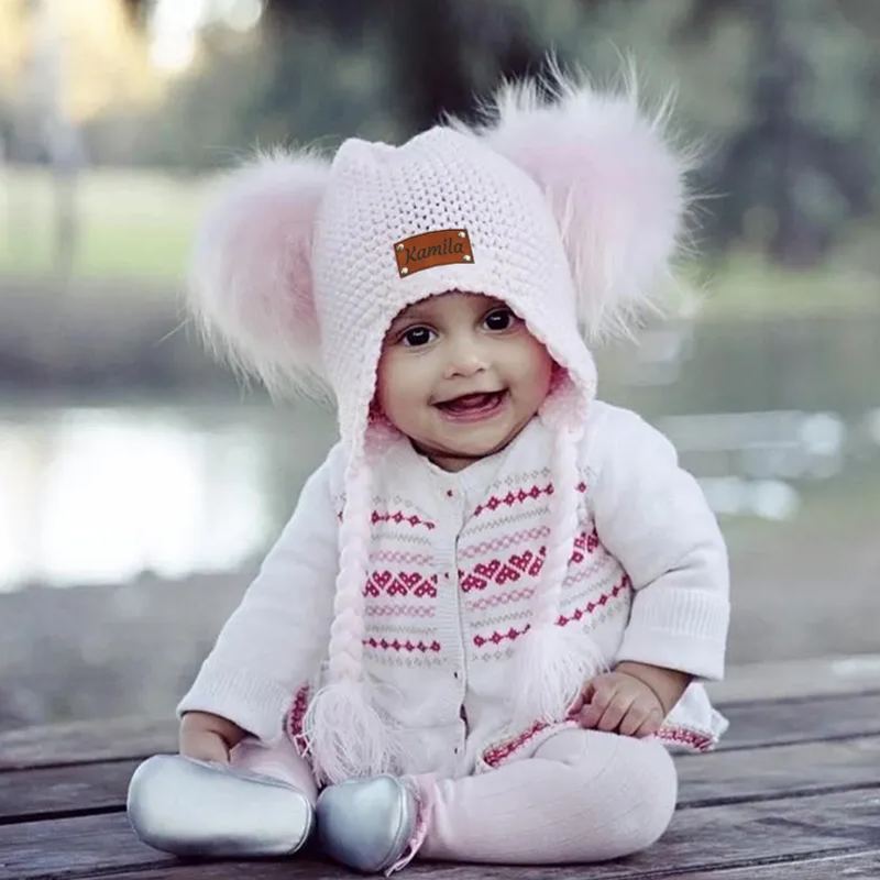 Personalized Leather Patch Pom Pom Knit Hat With Tassels | HSKid47