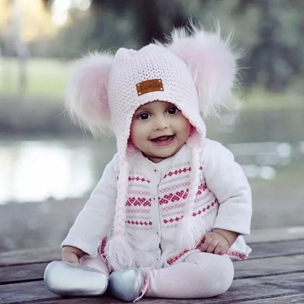 Personalized Leather Patch Pom Pom Knit Hat With Tassels | HSKid47