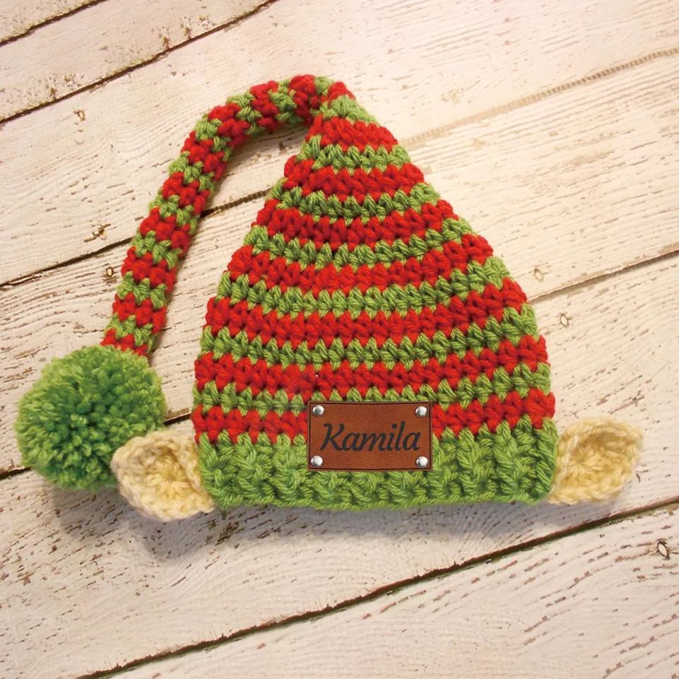 Personalized Crochet Leather Patch Christmas Elf Hat With Ears | MCGift70