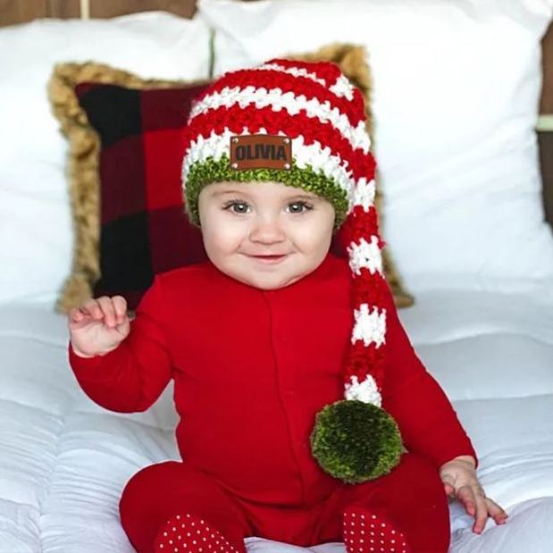 Personalized Leather Patch Christmas Elf Long Tail Hat | MCGift71