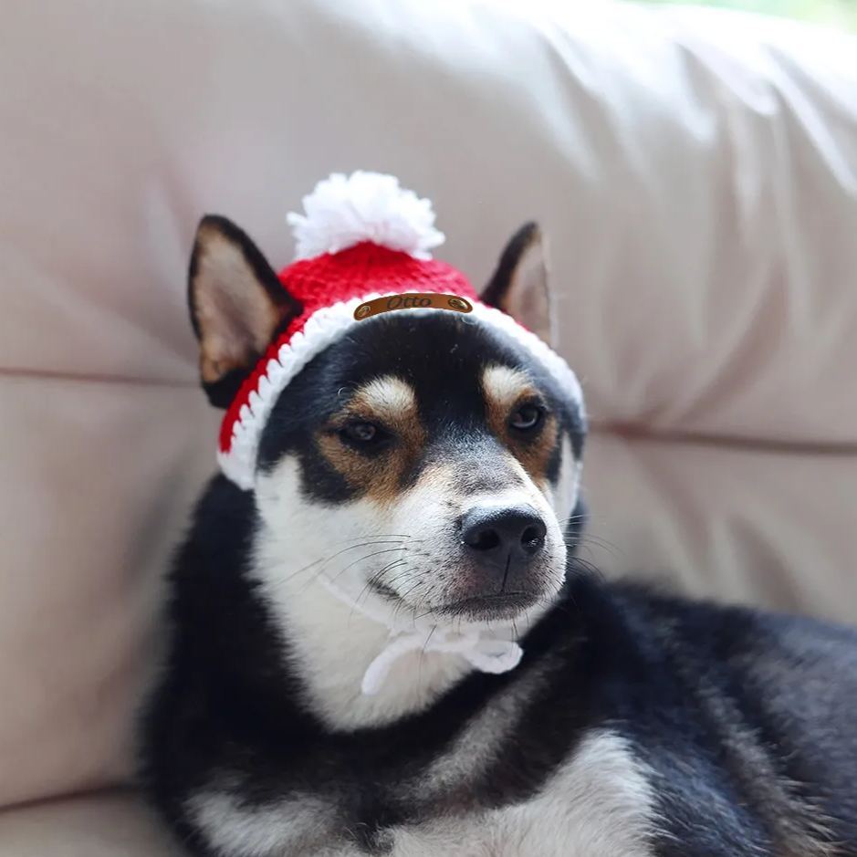 Personalized Leather Patch Crochet Christmas Pet Hat | MCGift86