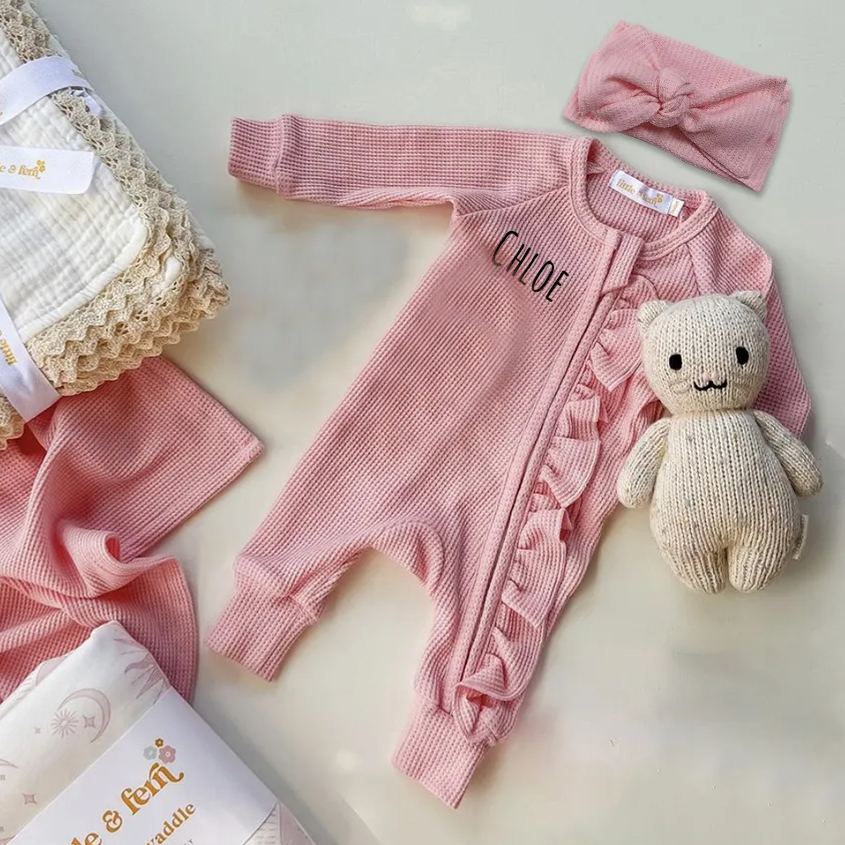 Personalized Baby Christmas Frill Zip Romper with Bow | CWBaby107