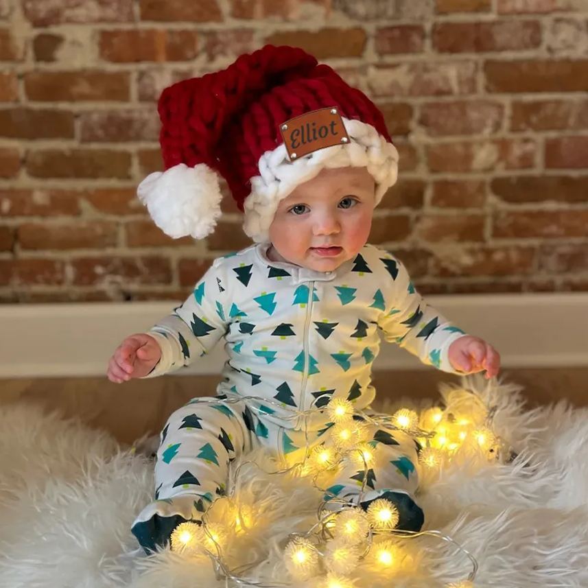 Personalized Leather Patch Chunky Knit Oversized Christmas Hat | MCGift97