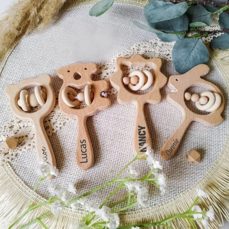 Personalized Baby Wooden Animal Shape Rattle | CWBaby153