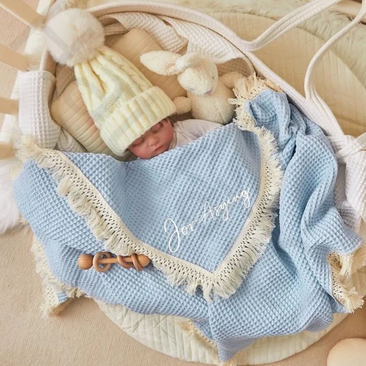 Personalized Embroidered Waffle Tassel Blanket for Comfort & Unique| CWBaby47