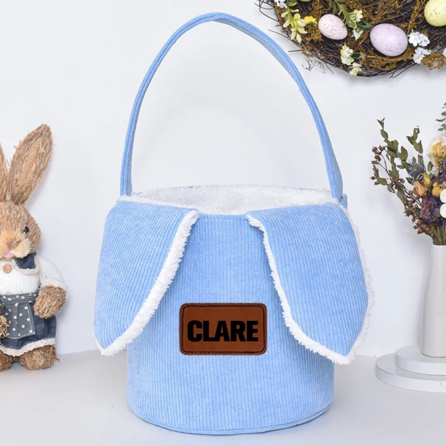 Personalized Leather Patch Corduroy Easter Bunny Basket | CWEaster4301