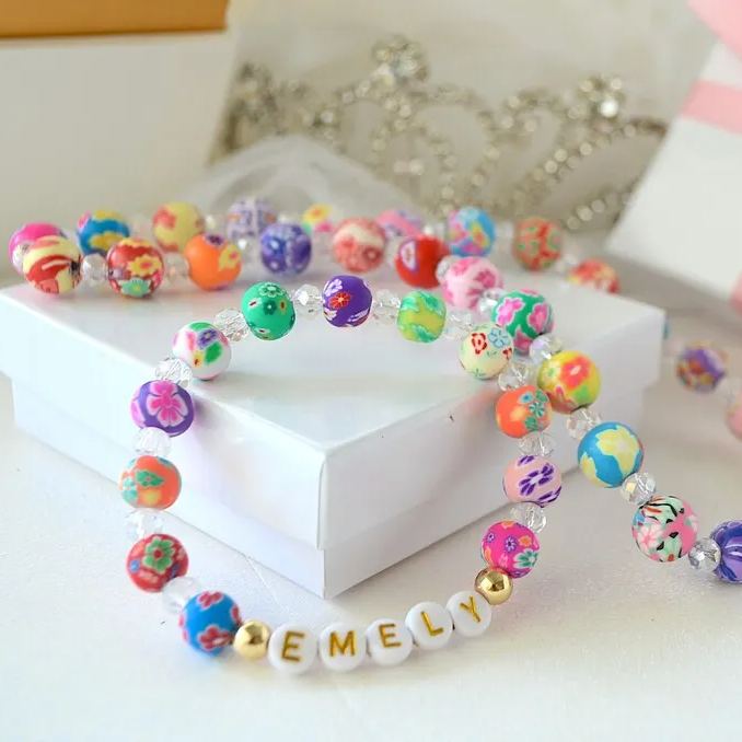 Personalized Kids Handmade Sparkle Flower Bracelet And Necklace Set | CWBeach184