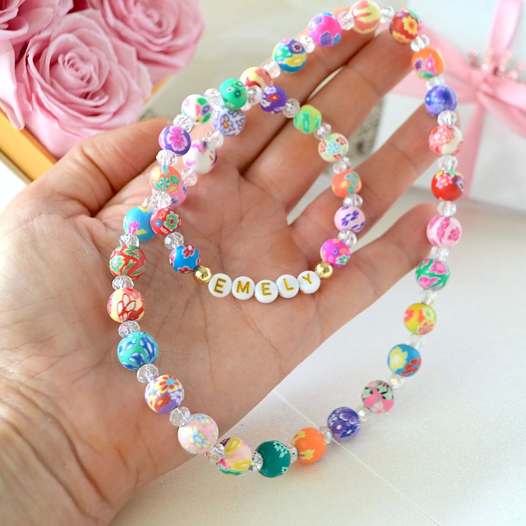 Personalized Kids Handmade Sparkle Flower Bracelet And Necklace Set | CWBeach184