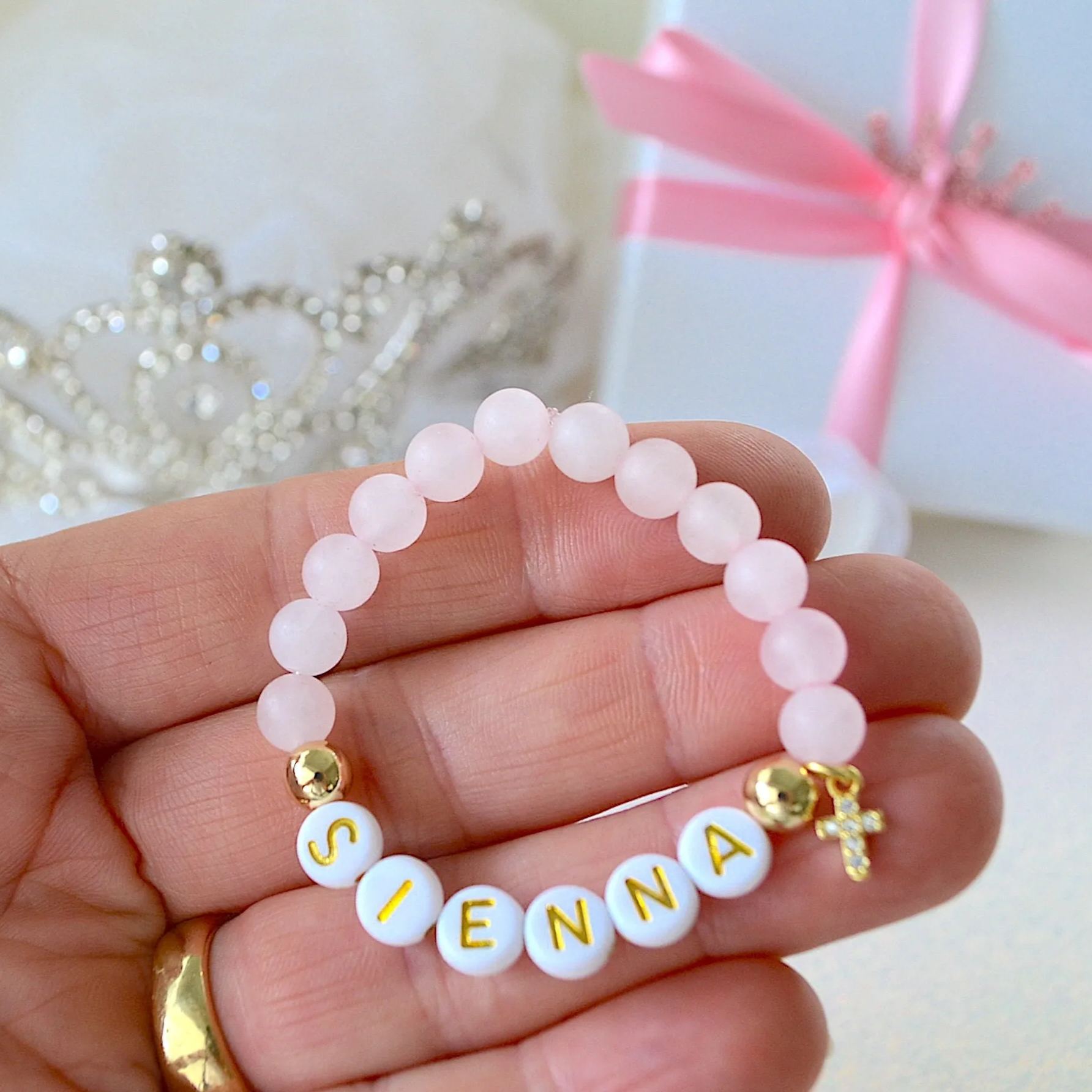 Personalized Rhinestone Rose quartz Baptism Gift Bracelet | CWBeach186
