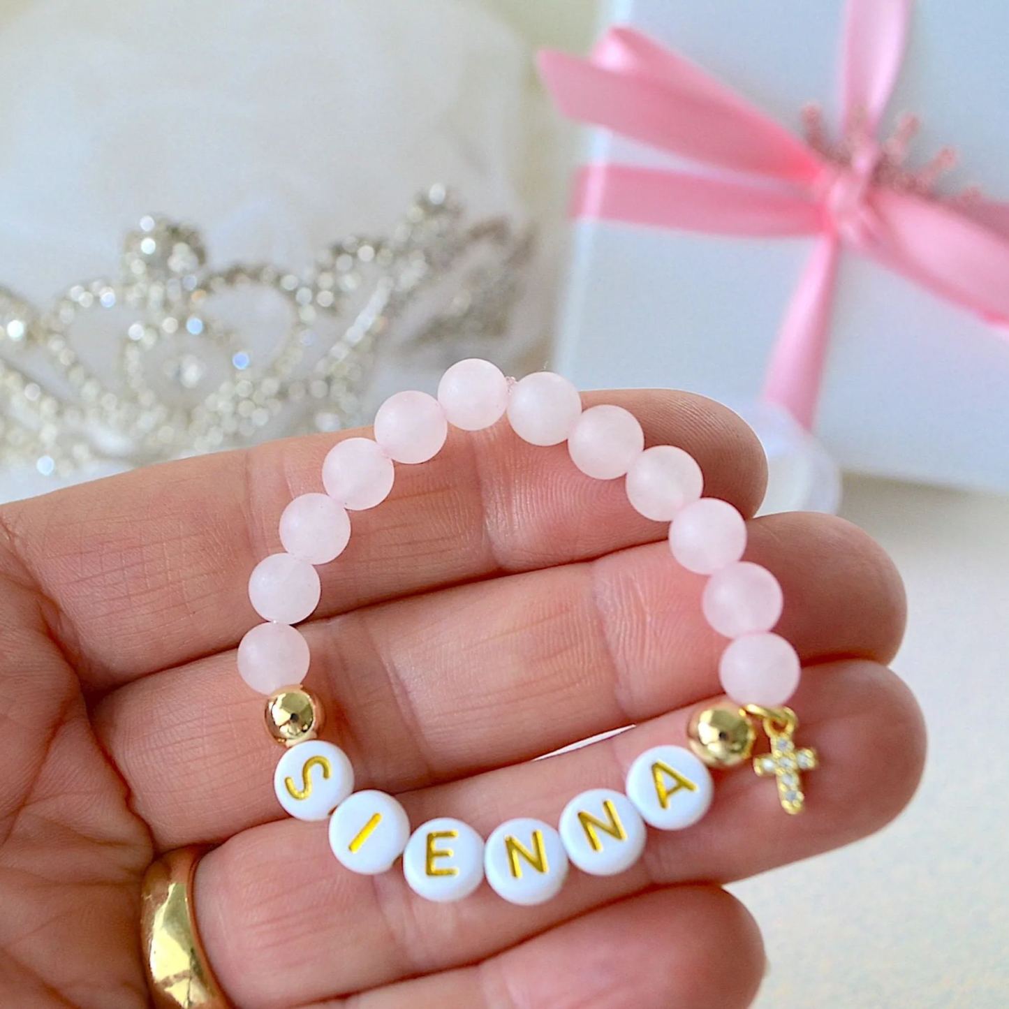 Personalized Rhinestone Rose quartz Baptism Gift Bracelet | CWBeach186