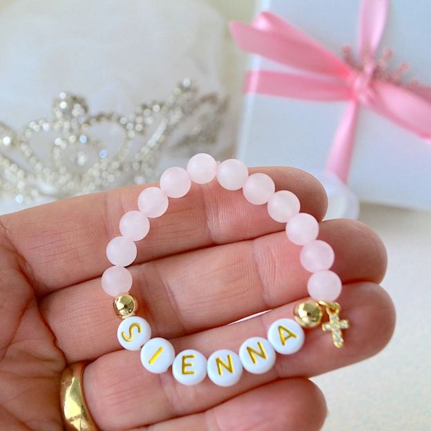 Personalized Rhinestone Rose quartz Baptism Gift Bracelet | CWBeach186